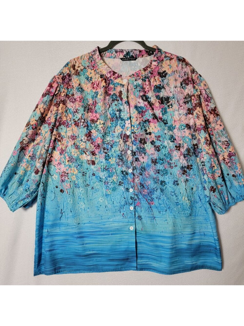 C.O.Z.Y Tunic Top Womens Sz 3X Button Front 3/4 Puff Sleeve Blue Floral Print